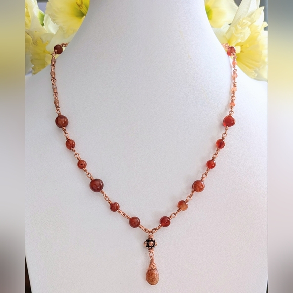 Artisan Jewelry - Elegant Carnelian Agate Necklace Artisan Crafted Copper Chain